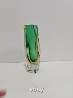 Vintage Murano Sommerso Faceted Art Olive Green Glass Vase 8 Tall