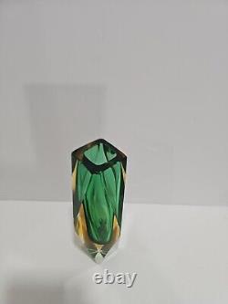 Vintage Murano Sommerso Faceted Art Olive Green Glass Vase 8 Tall