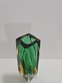 Vintage Murano Sommerso Faceted Art Olive Green Glass Vase 8 Tall