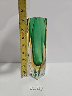 Vintage Murano Sommerso Faceted Art Olive Green Glass Vase 8 Tall