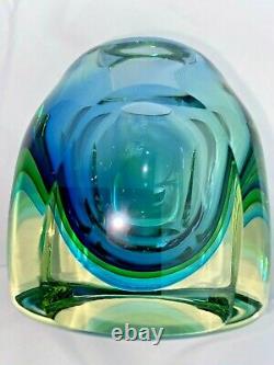 Vintage Murano Sommerso Faceted Block Art Glass Vase Blue Green