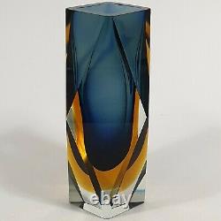 Vintage Murano Sommerso Faceted Block Vase Navy Blue Amber Mandruzzato