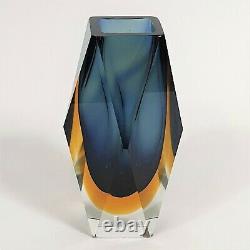Vintage Murano Sommerso Faceted Block Vase Navy Blue Amber Mandruzzato