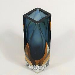 Vintage Murano Sommerso Faceted Block Vase Navy Blue Amber Mandruzzato