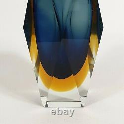 Vintage Murano Sommerso Faceted Block Vase Navy Blue Amber Mandruzzato