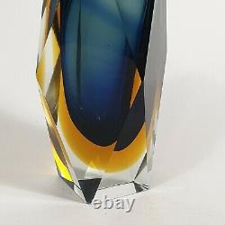 Vintage Murano Sommerso Faceted Block Vase Navy Blue Amber Mandruzzato