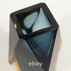 Vintage Murano Sommerso Faceted Block Vase Navy Blue Amber Mandruzzato