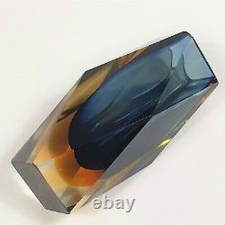 Vintage Murano Sommerso Faceted Block Vase Navy Blue Amber Mandruzzato