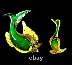 Vintage Murano Sommerso Glass Fish Duck Sculpture Pair Green Yellow Art Glass
