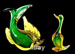 Vintage Murano Sommerso Glass Fish Duck Sculpture Pair Green Yellow Art Glass