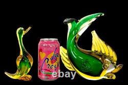 Vintage Murano Sommerso Glass Fish Duck Sculpture Pair Green Yellow Art Glass