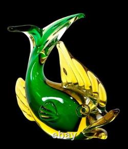 Vintage Murano Sommerso Glass Fish Duck Sculpture Pair Green Yellow Art Glass