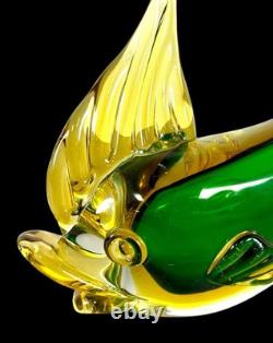 Vintage Murano Sommerso Glass Fish Duck Sculpture Pair Green Yellow Art Glass