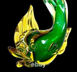 Vintage Murano Sommerso Glass Fish Duck Sculpture Pair Green Yellow Art Glass