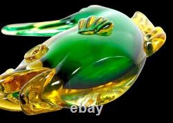 Vintage Murano Sommerso Glass Fish Duck Sculpture Pair Green Yellow Art Glass