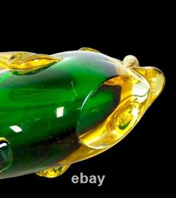 Vintage Murano Sommerso Glass Fish Duck Sculpture Pair Green Yellow Art Glass