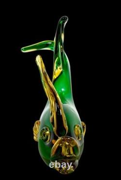 Vintage Murano Sommerso Glass Fish Duck Sculpture Pair Green Yellow Art Glass