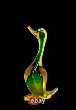 Vintage Murano Sommerso Glass Fish Duck Sculpture Pair Green Yellow Art Glass