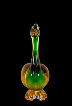 Vintage Murano Sommerso Glass Fish Duck Sculpture Pair Green Yellow Art Glass