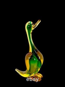 Vintage Murano Sommerso Glass Fish Duck Sculpture Pair Green Yellow Art Glass