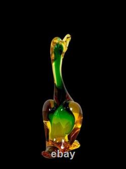 Vintage Murano Sommerso Glass Fish Duck Sculpture Pair Green Yellow Art Glass