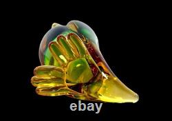 Vintage Murano Sommerso Glass Fish Duck Sculpture Pair Green Yellow Art Glass