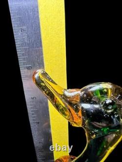 Vintage Murano Sommerso Glass Fish Duck Sculpture Pair Green Yellow Art Glass