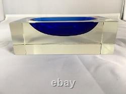 Vintage Murano Sommerso Large Block Bowl in Clear and Stunning Blue with Label