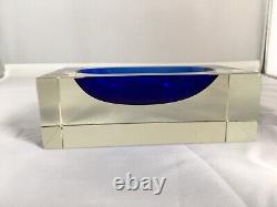 Vintage Murano Sommerso Large Block Bowl in Clear and Stunning Blue with Label