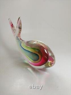 Vintage Murano Sommerso Red Green Blue Cased Art Glass Whale Fish Sculpture