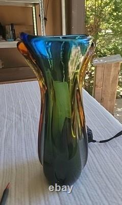 Vintage Murano Sommsero Ribbed Vase Flame Rim Blue with Amber Core 12 Italy MCM