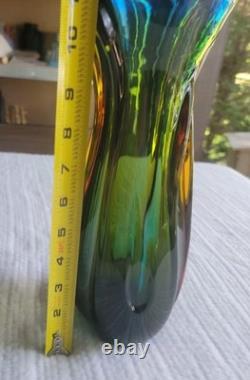 Vintage Murano Sommsero Ribbed Vase Flame Rim Blue with Amber Core 12 Italy MCM