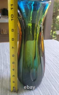 Vintage Murano Sommsero Ribbed Vase Flame Rim Blue with Amber Core 12 Italy MCM