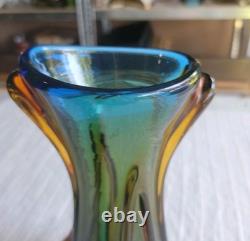 Vintage Murano Sommsero Ribbed Vase Flame Rim Blue with Amber Core 12 Italy MCM