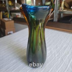 Vintage Murano Sommsero Ribbed Vase Flame Rim Blue with Amber Core 12 Italy MCM