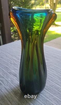 Vintage Murano Sommsero Ribbed Vase Flame Rim Blue with Amber Core 12 Italy MCM
