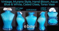 Vintage Murano Style, Art Glass, Aqua Blue & White Cased Female Torso Vase, Rare