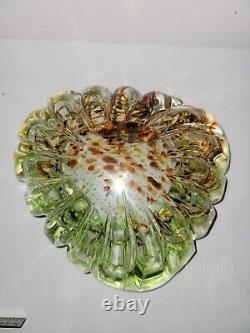 Vintage Murano Style Art Glass Bowl Green Amber Brown Speckled Decorative Dish