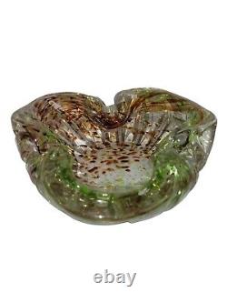 Vintage Murano Style Art Glass Bowl Green Amber Brown Speckled Decorative Dish