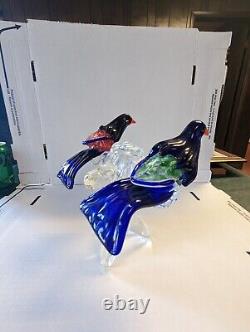 Vintage Murano Style Art Glass Group of Perched Blue Birds