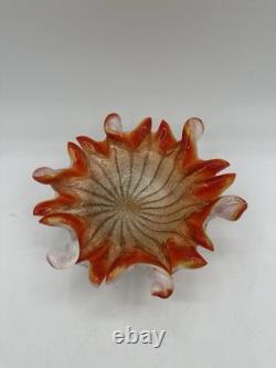 Vintage Murano Style Art Glass Ruffled Bowl Orange Red Latticino Zanfirico Dish