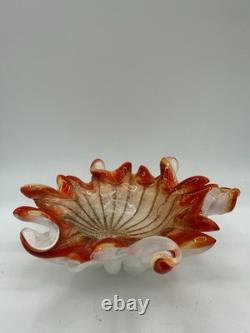 Vintage Murano Style Art Glass Ruffled Bowl Orange Red Latticino Zanfirico Dish