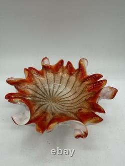 Vintage Murano Style Art Glass Ruffled Bowl Orange Red Latticino Zanfirico Dish