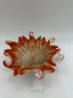 Vintage Murano Style Art Glass Ruffled Bowl Orange Red Latticino Zanfirico Dish