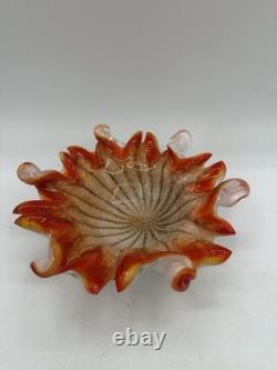 Vintage Murano Style Art Glass Ruffled Bowl Orange Red Latticino Zanfirico Dish