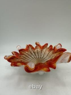 Vintage Murano Style Art Glass Ruffled Bowl Orange Red Latticino Zanfirico Dish
