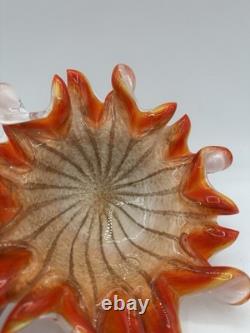 Vintage Murano Style Art Glass Ruffled Bowl Orange Red Latticino Zanfirico Dish