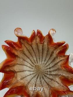 Vintage Murano Style Art Glass Ruffled Bowl Orange Red Latticino Zanfirico Dish