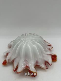 Vintage Murano Style Art Glass Ruffled Bowl Orange Red Latticino Zanfirico Dish