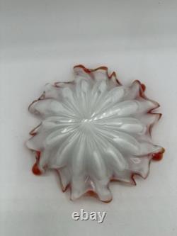 Vintage Murano Style Art Glass Ruffled Bowl Orange Red Latticino Zanfirico Dish